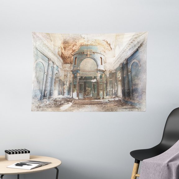 Antique Decor Tapestry, Old Ancient Abandoned Renaissance Era Architecture Church With Column Art, Wall Hanging for Bedroom Living Room Dorm Decor, 60W X 40L Inches, White and Blue, by Ambesonne