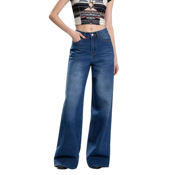 QURATI Women's High Waisted Wide Leg Jeans Washed Loose Fit Denim Trousers Womens Bottoms Blue L