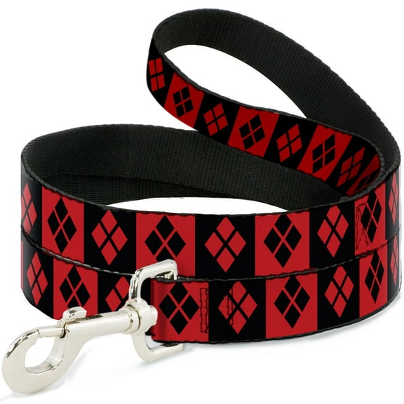DC Comics Pet Leash, Dog Leash, Harley Quinn Diamond Blocks Red Black Red, 6 Feet Long 1.0 Inch Wide