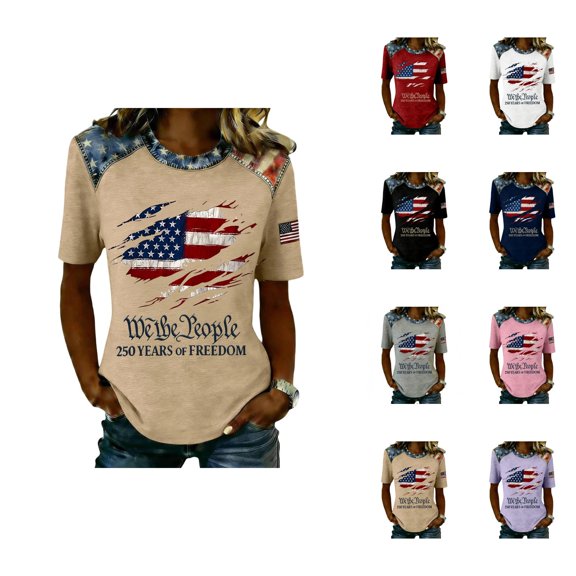 4th of July Shirts Women Short Sleeve Crewneck America Flag Graphic Tees Patriotic T-Shirt Independence Day Tops