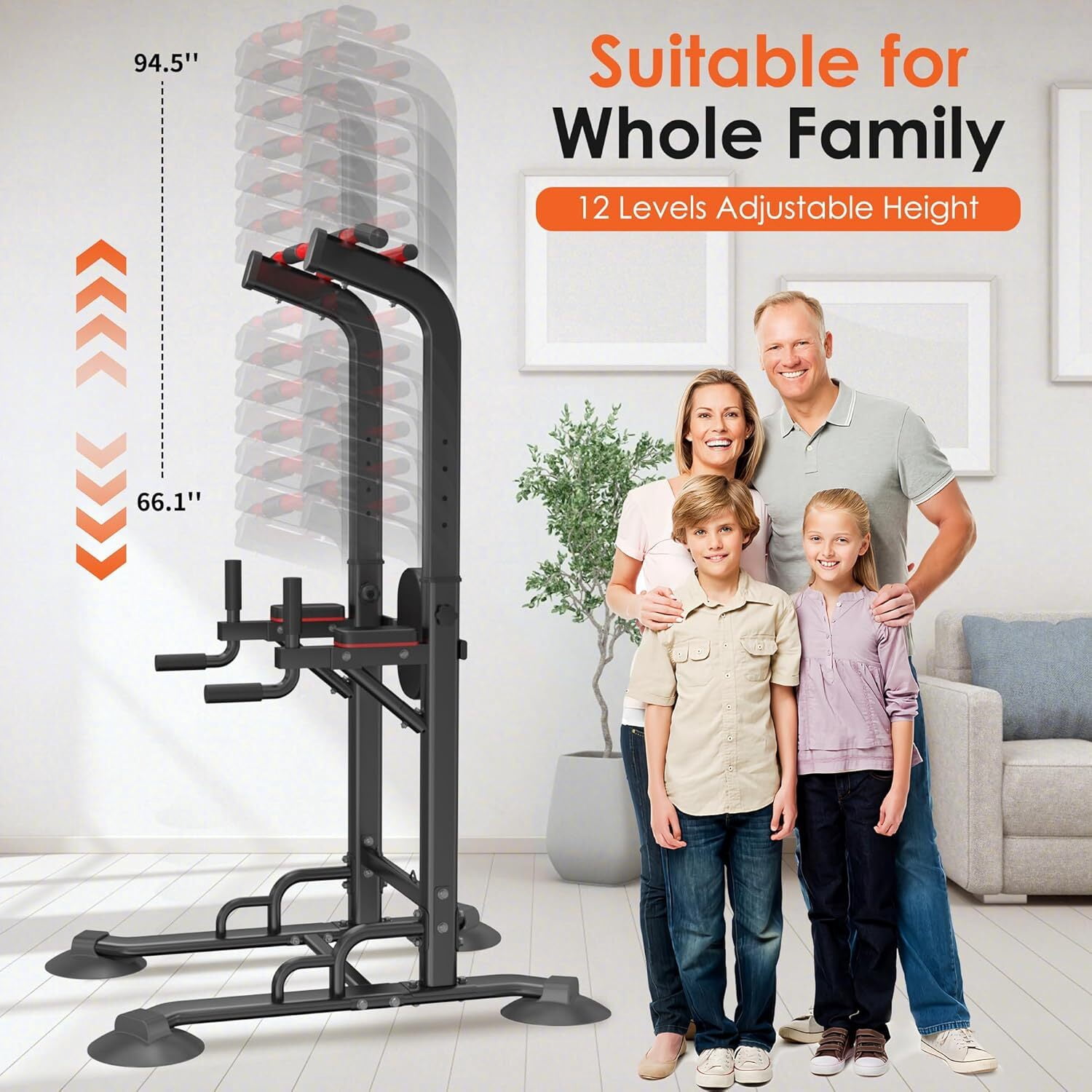 SogesPower 94.5"H Power Tower Pull Up Bar Station, 12 Adjustable Height Pull Up Bar Stand for Home Gym, Multi-Function Pull Up Dip Station Dip Bar Strength Training Fitness Equipment, 330LBS, Black