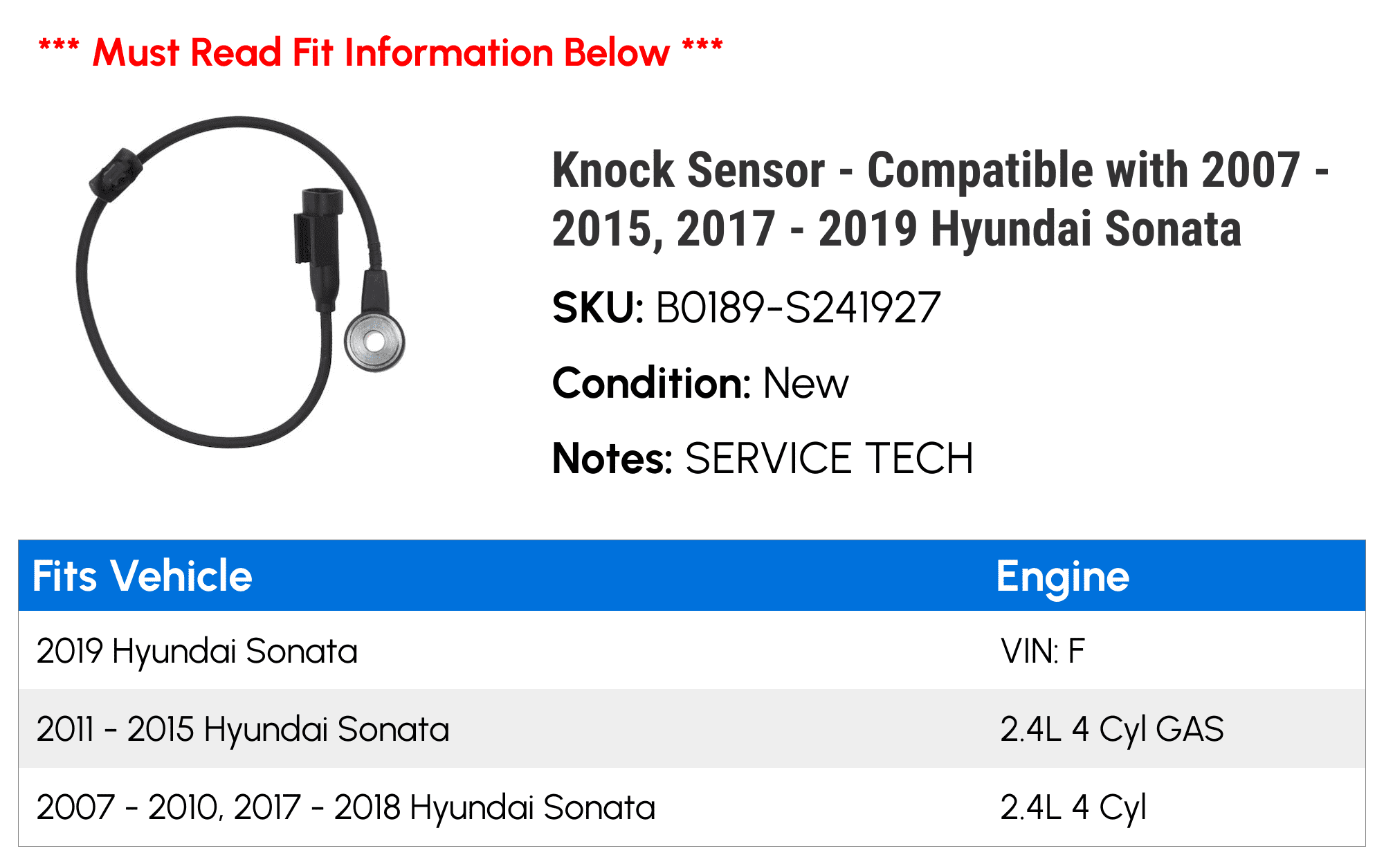 Knock Sensor - Compatible with 2007 - 2015, 2017 - 2019 Hyundai Sonata 2008 2009 2010 2011 2012 2013 2014 2018