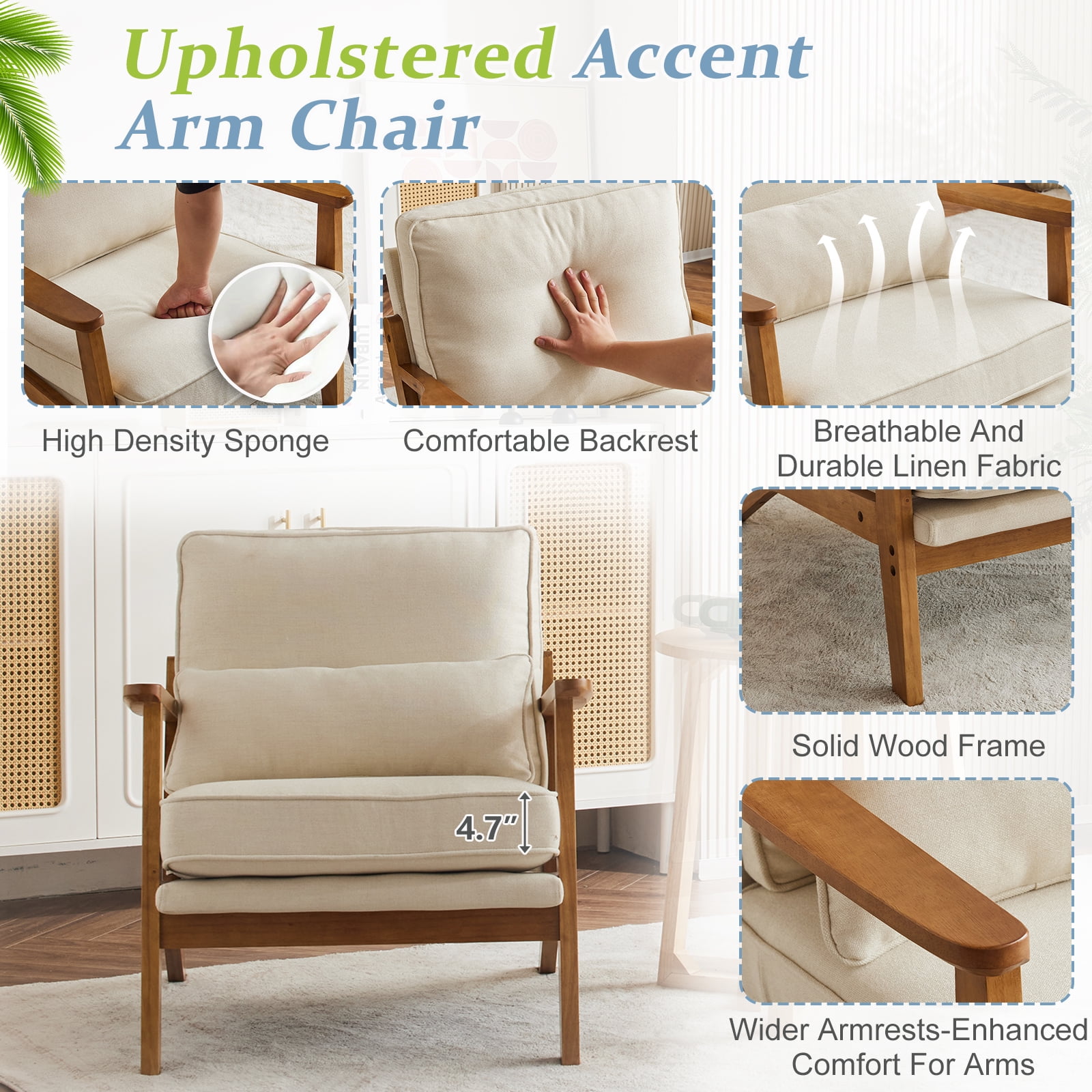 Ktaxon Accent Chair Line Fabric Upholstered Armchair, Reading Club Chair with Pillow for Living Room Bedroom Furniture Beige