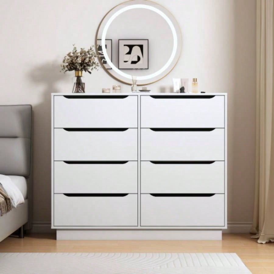 White Dresser for Bedroom, Long Dresser with 8 Drawers