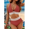 thumbnail image 2 of Women Tummy Control Swimsuits Color Block Two Piece Drawstring Bathing Suit Brick Red S, 2 of 7