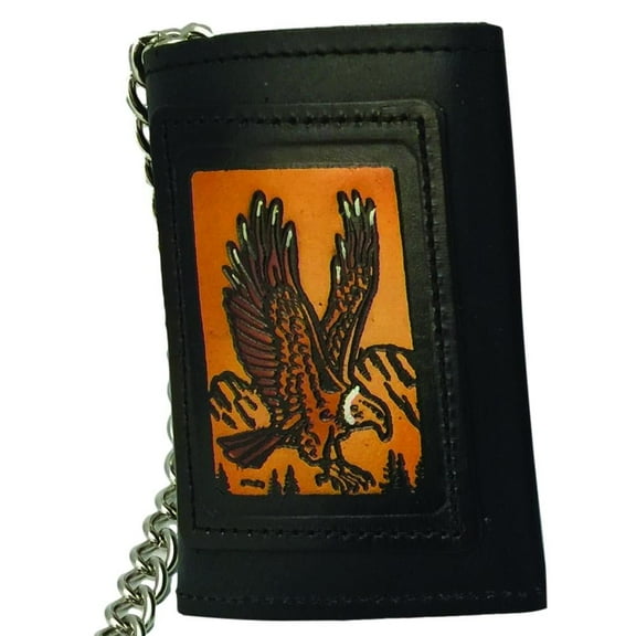 Embossed Black Leather Trifold Men's Wallet with Chain - Eagle