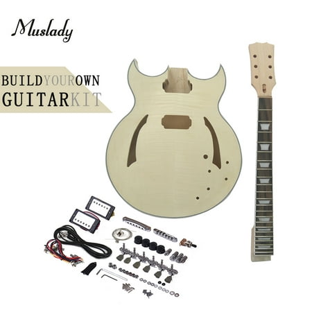 Muslady Unfinished DIY Electric Guitar Kit Semi Hollow Basswood Body Rosewood Fingerboard Maple