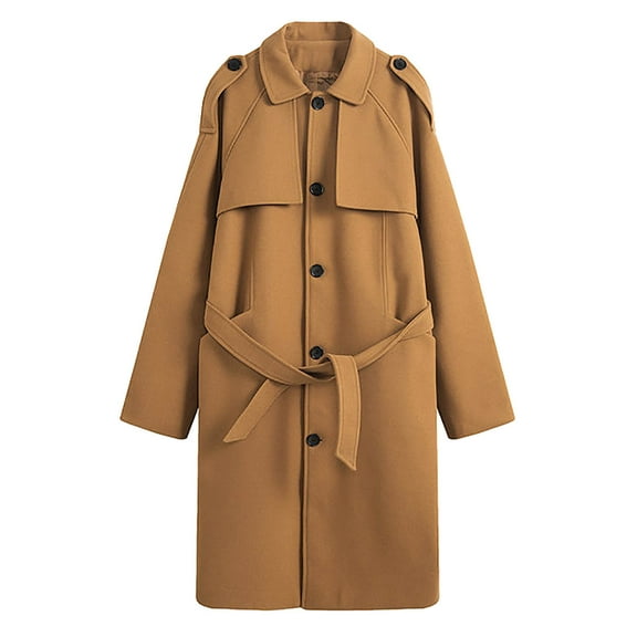 Long Woolen Coat Men, Single Breasted Casual Lapel Belted Trench Pea Coat Mid-length Jacket Overcoat wih Pockets (XL, Khaki)