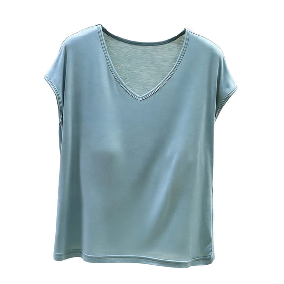 YUGYXL Womens Modal Soft T Shirts Cap Sleeve V Neck Tee Casual Loose Tops Lightweight Padded Shirt Summer Solid Outfits Light Blue Tops M