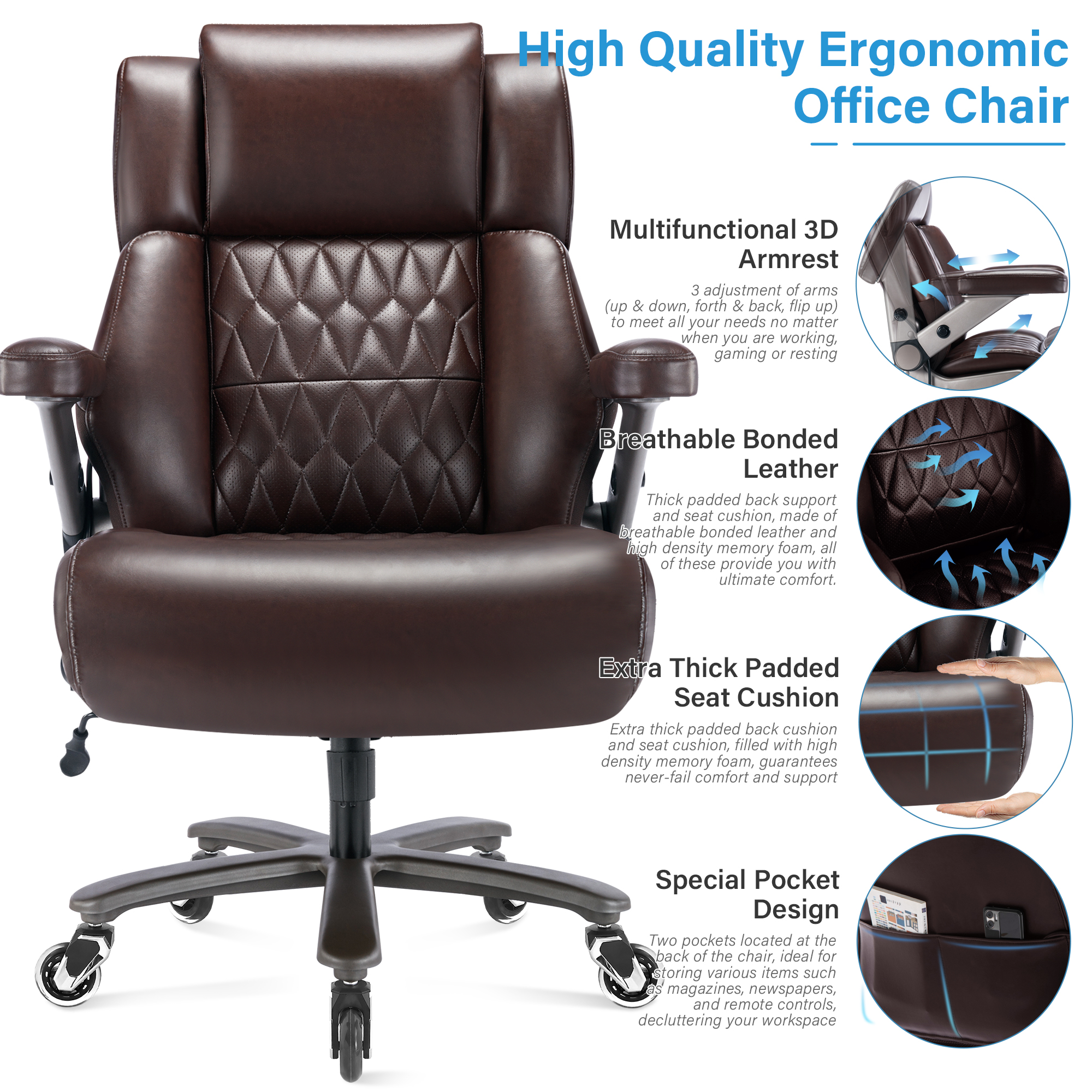 Big and Tall 700lbs Office Chair, High Back Executive Office Chair with 3D Flip up Arms, Adjustable Lumbar Support, Heavy Duty Metal Base, Home Office Computer Desk Chair, Brown