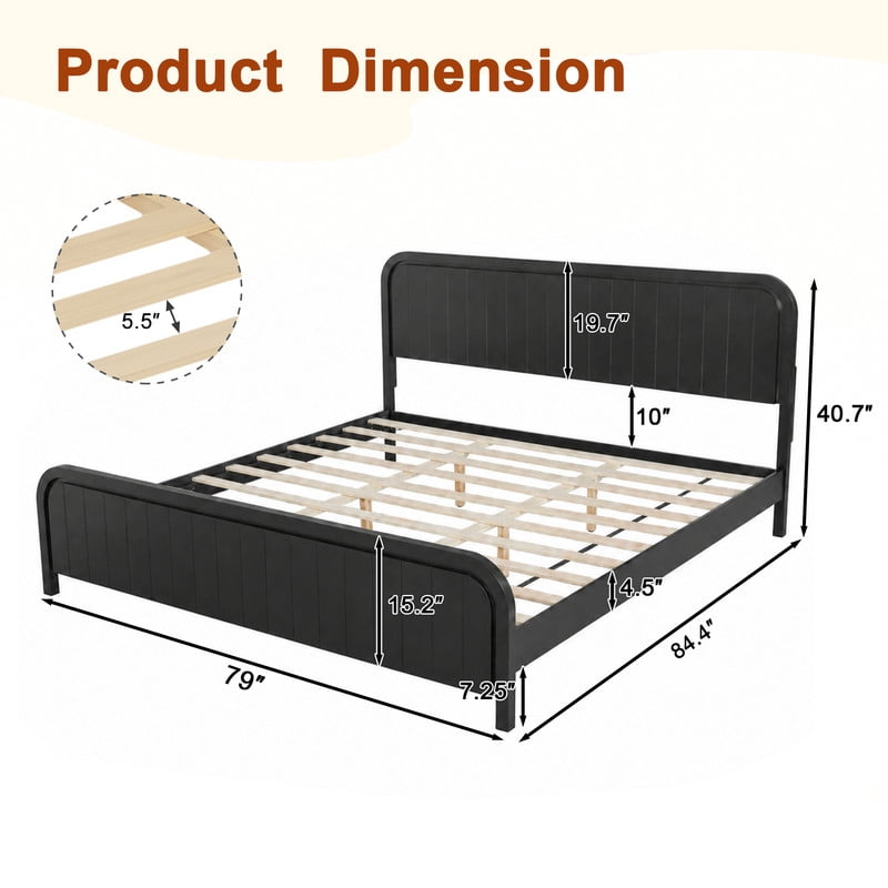 King Size Low Profile Bed Frame with Striped Headboard & Footboard, Wood Platform Bed with Slats Support & 7'' Under-Bed Space