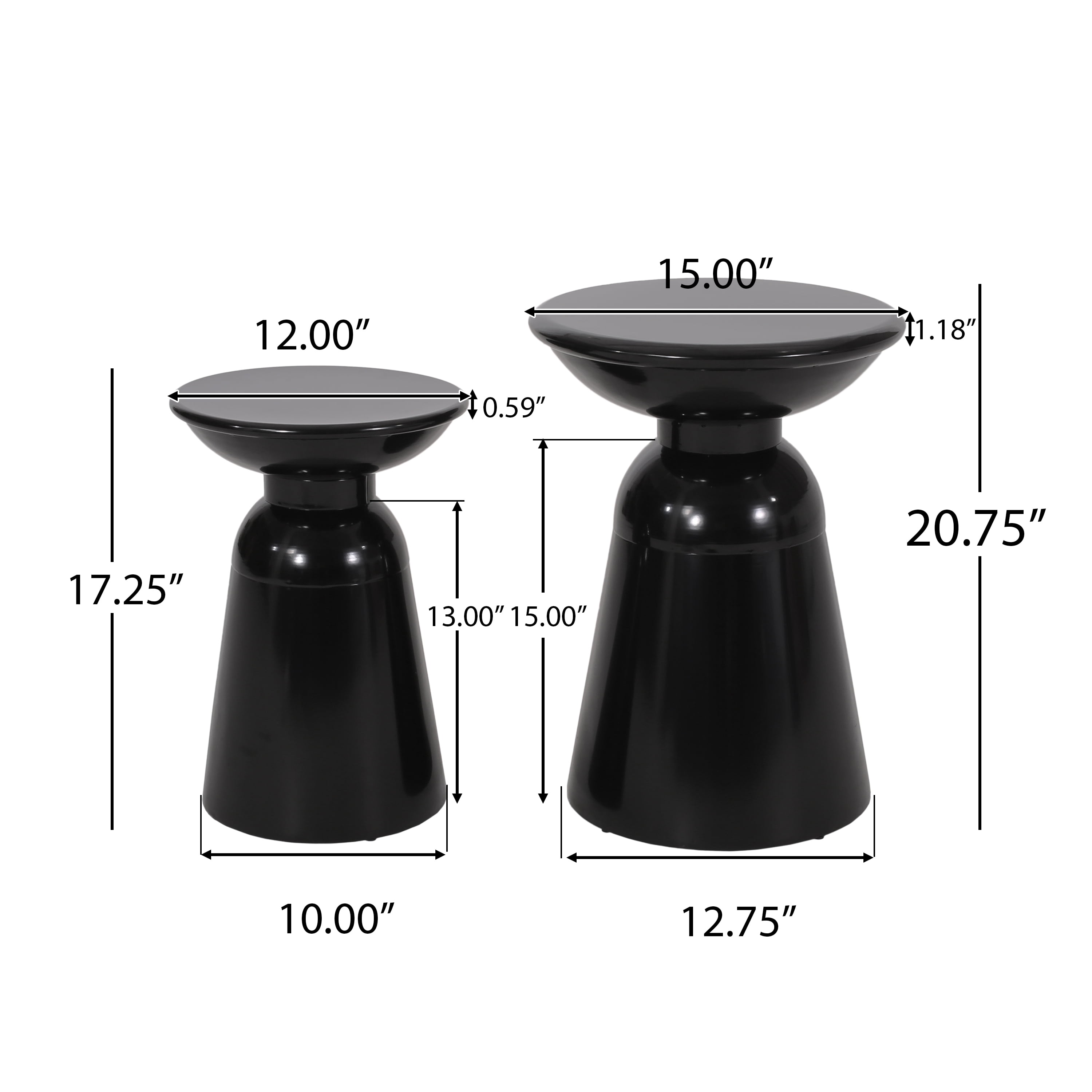 Outdoor Side Table Set of 2, Iron Frame Flared Style Accent Tables for Patio Garden, Black