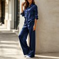 thumbnail image 4 of Xinoom Women's 2 Piece Satin Matching Set, Lapel Button Down Shirt & Drawstring Wide Leg Pants, Elegant Casual Outfit, Gift for Ladies, Dinner Gathering Dark Blue,XS, 4 of 7