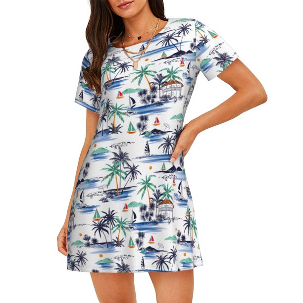 Balery Hawaii Palms Camisón de manga corta con cuello redondo para mujer, cómodo y elegante.