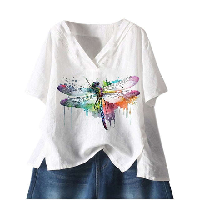 Pompotops Mode Femmes Imprimé Coton+lin Manches Courtes Col en V Hauts d'Été Blouse T-shirt Liquidation