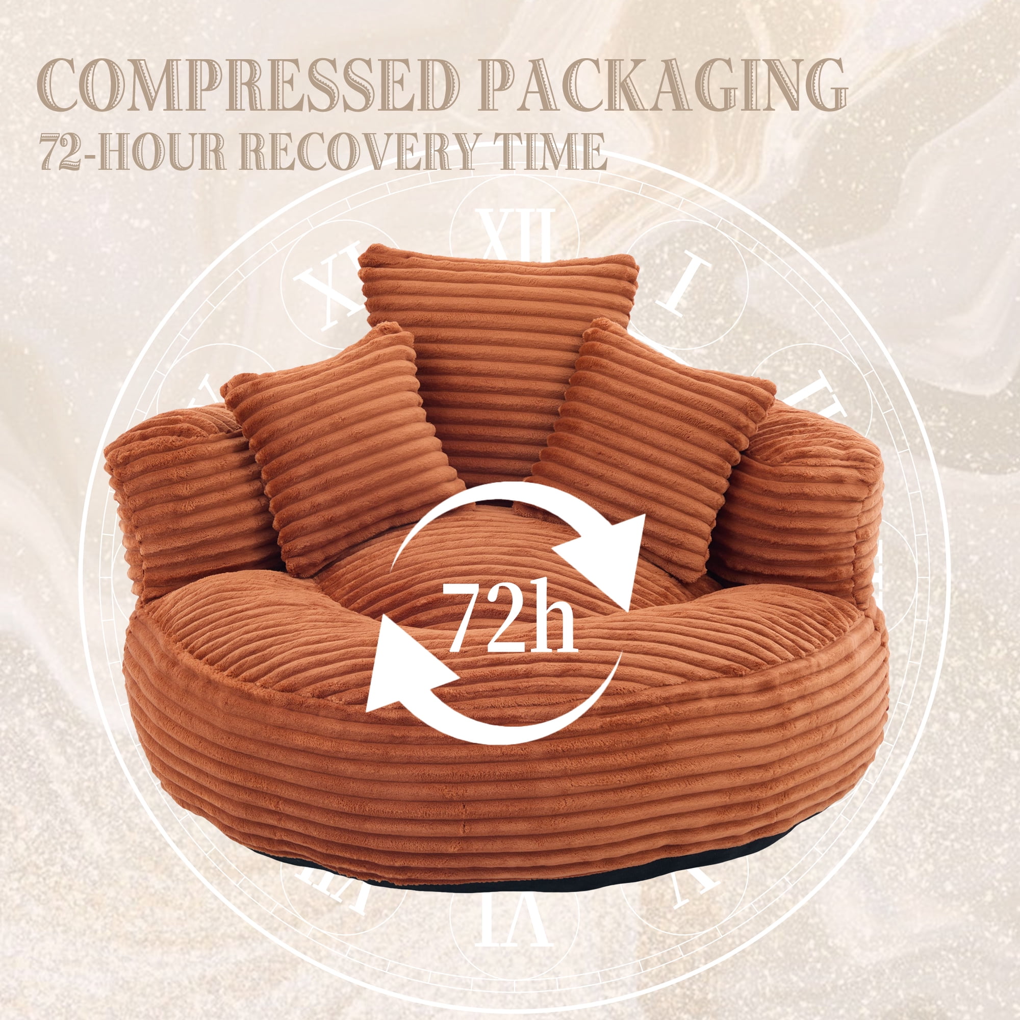 Aukfa 42.5"W Oversized Round Chaise Lounge Chair Indoor, Corduroy Floor Sofa with 3 Pillows, 550 lbs, Orange