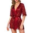thumbnail image 1 of Camisón sexy de color sólido para mujer VISgogo, una pieza transparente de media manga con encaje, azul / negro / blanco / rojo vino, S / M / L / XL / XXL VISgogo moda, 1 of 9