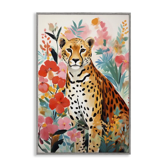 Stupell Industries Floral Adorned Leopard Animals & Insects Painting Gray Framed Art Print Wall Art, 16 x 24