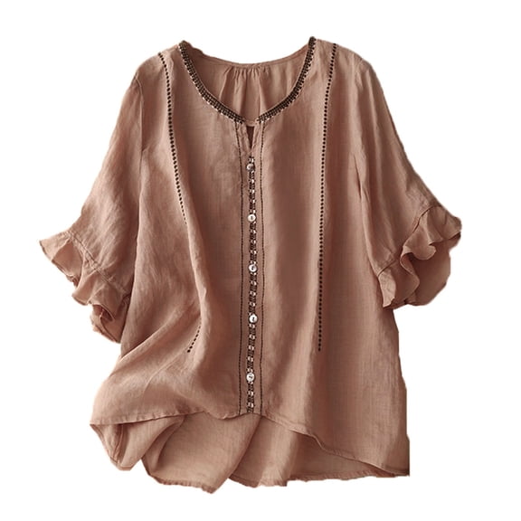 jtjvou Linen Shirts for Women Summer Embroidery Blouses with 3/4 Sleeve Elegant Petal Cuff Trendy V Neck Plain Tops,Orange,L