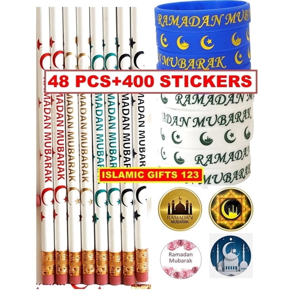 RAMADAN FAVORS 448 Pieces Ramadan Pencils  Wristbands  RAMADAN Mubarak 400 STICKERS Ramadan Party Packs