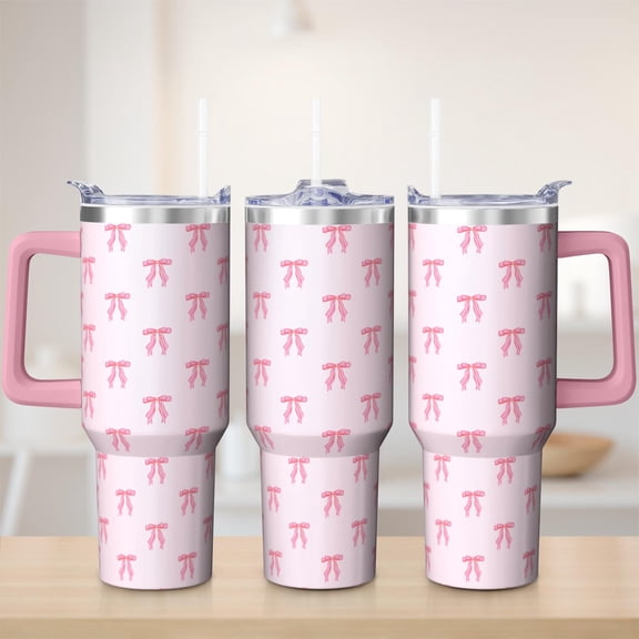Cute bow tumbler 40 oz tumbler with handle and straw 304 stainless steel travel cup coffee mug water bottle suitable as a gifts for women mom gifts gift for bow lovers