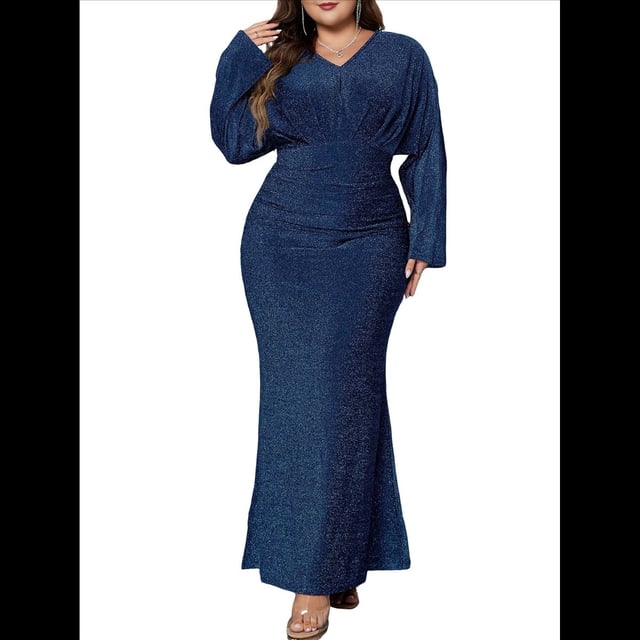 Vestido de Noche para Mujer, con Purpurina, Larga, Escote en V, Ajustado, Formal, con Lentejuelas, Talla Grande Azul 4XL