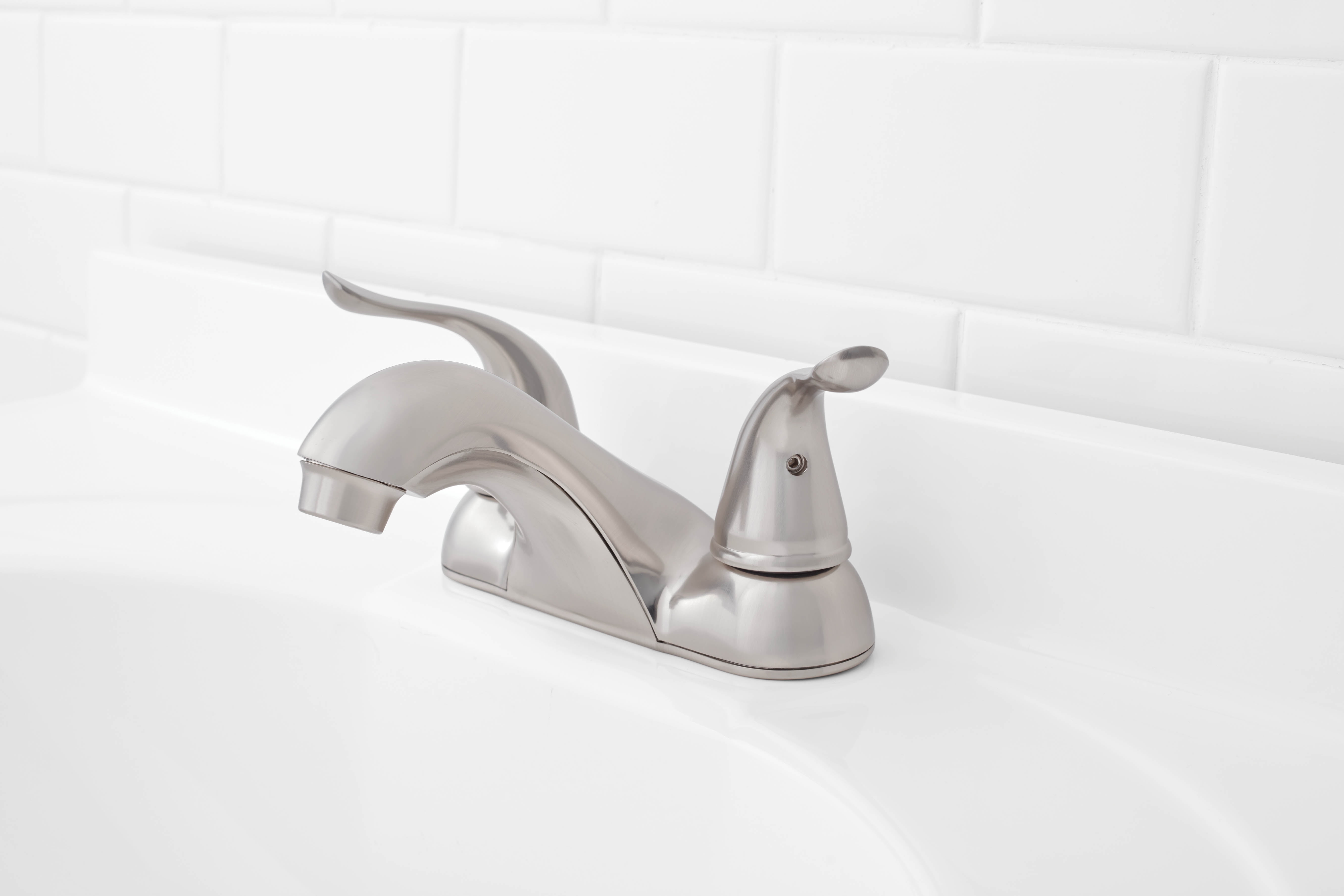 Mainstays 4-inch Centerset Bathroom Faucet with Push Pop-up, Dual Handle, Satin Nickel