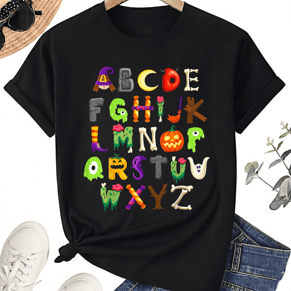 KeHetSoft Unisex Halloween Alphabet Cotton Graphic T-Shirt