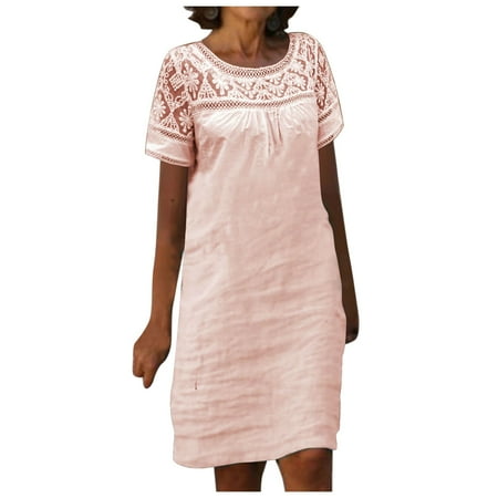 QYZEU Summer Dresses for Women 2024 Vacation Trendy Elegant Lightweight Dress Women Fashion Lace Splicing Round Neck Solid Color Short Sleeve Dress Little Dress for Women Pink 2XL