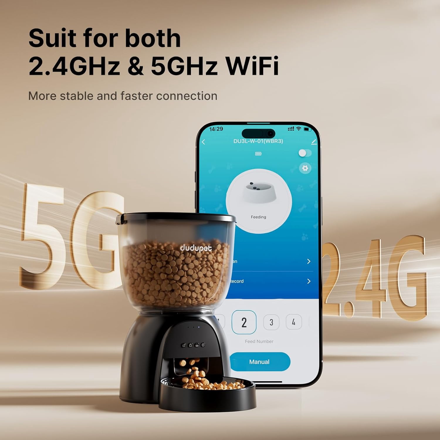 Automatic Cat Feeder WiFi, 5G App Control Timed Dispenser with Remote Feeding, 5L Auto Pet Feeder for Dry Food