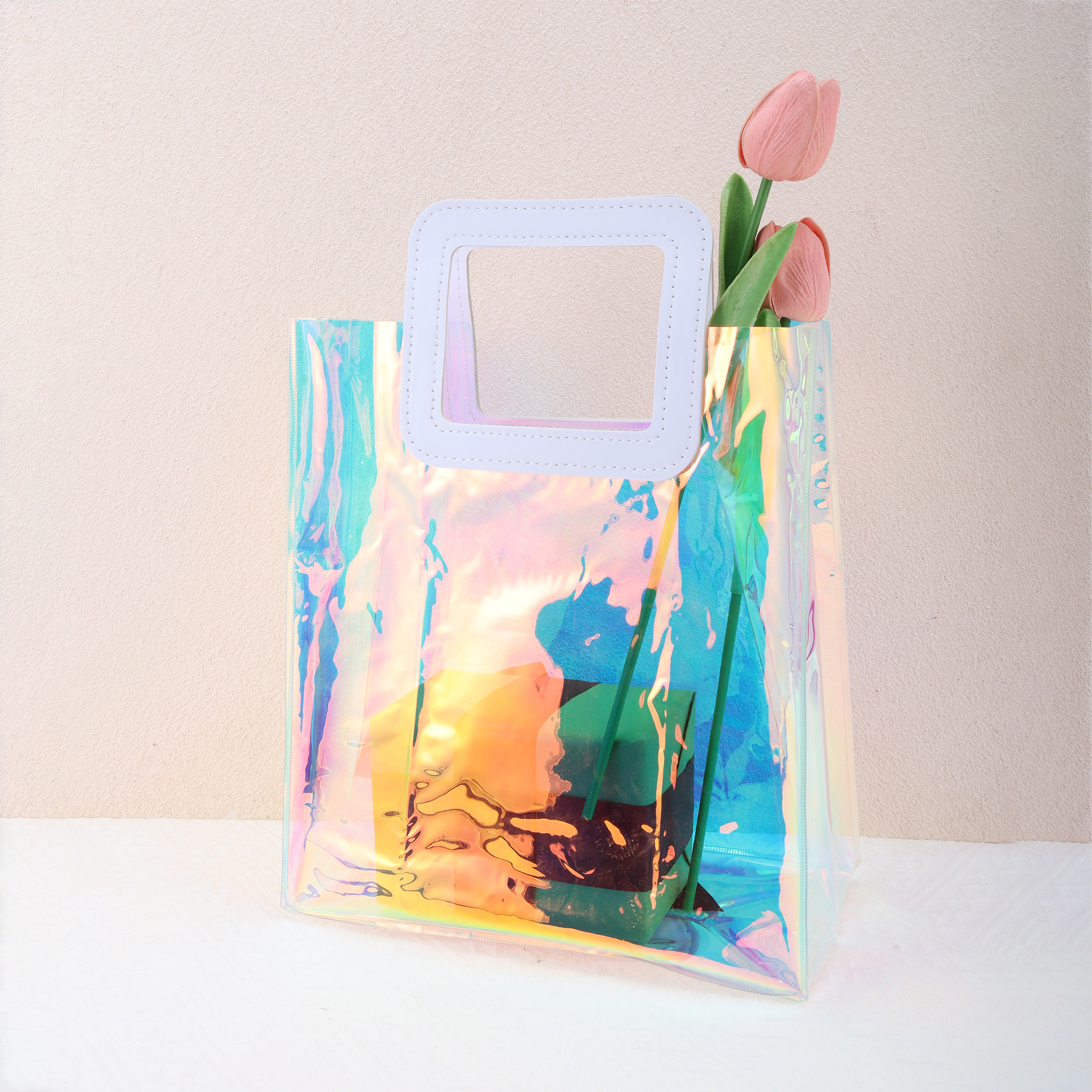 Unique Bargains Square Clear Gift Bag 1Pc White Multicolor 9.84"x5.31"x11.02"