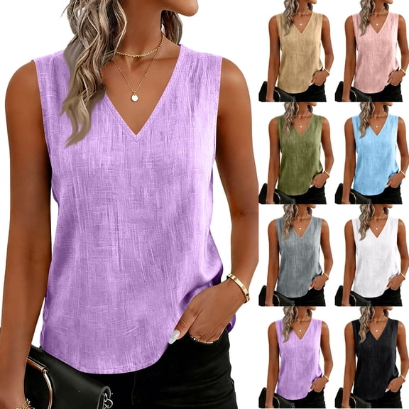 Resicozy Women Cotton Linen Tank Tops V Neck Loose Causal Sleeveless Summer Shirts Shirts Camisole 2026 Earthy Yellow M