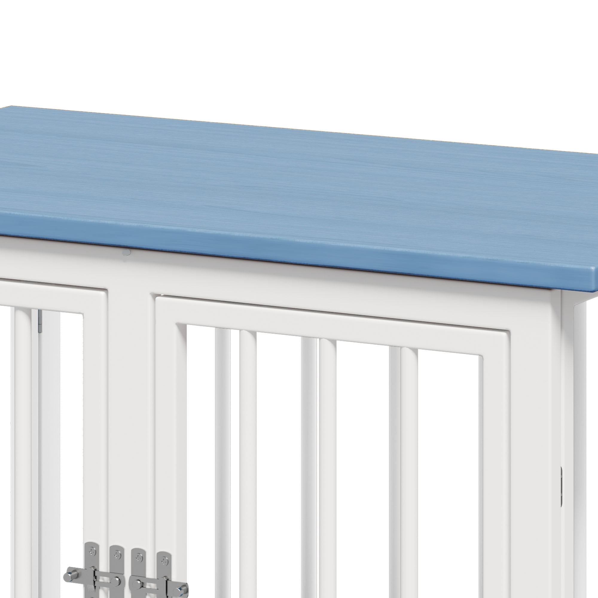 Uforic 39.3" Foldable Wooden Indoor Dog Cage Table with 360° Rotatable Bowls& Adjustable Feet, White&Blue