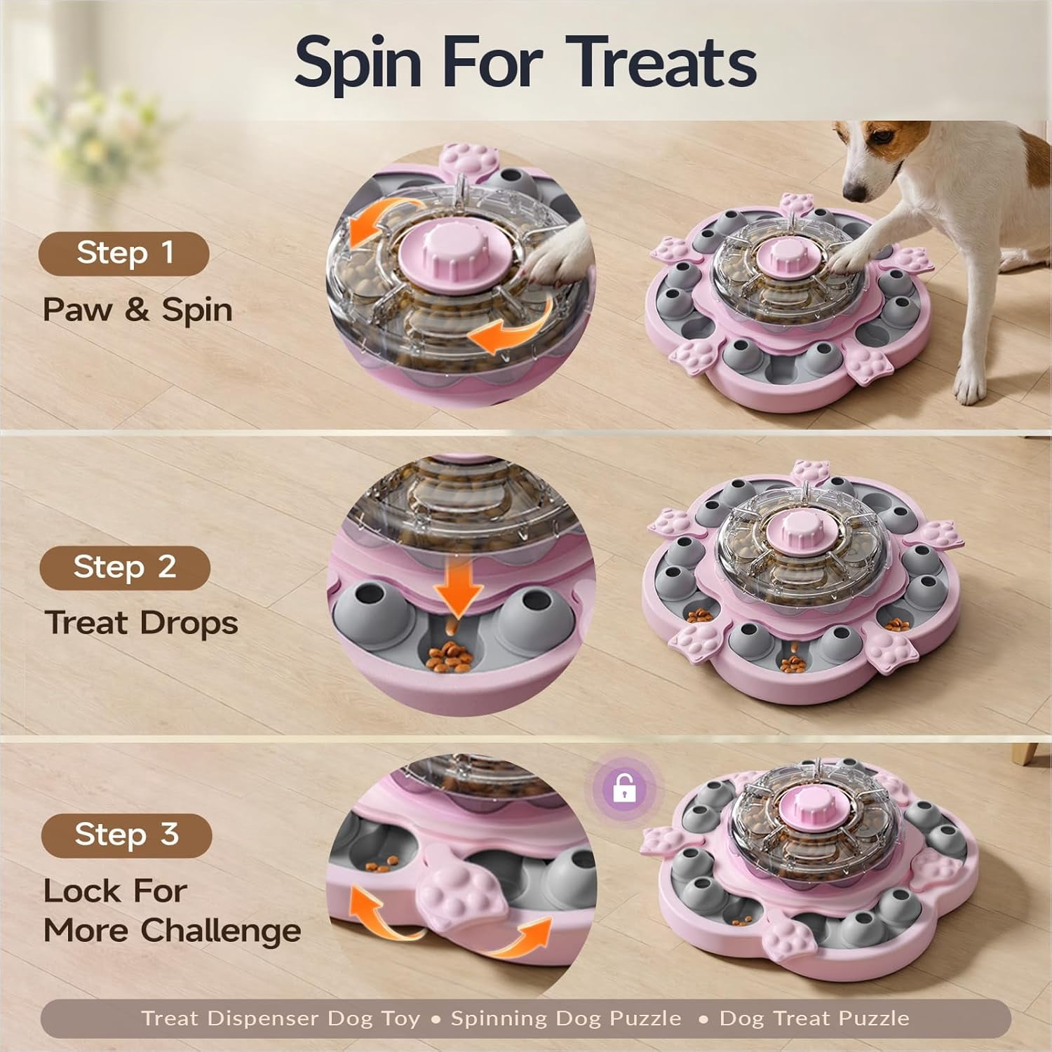 Dog Puzzle Toy, 3 Levels of Step-by-Step Challenge, Spin-to-Release Treat Dispenser, Slow Feeder & Mental Stimulation Enrichment Toy for Small Medium Large Dogs