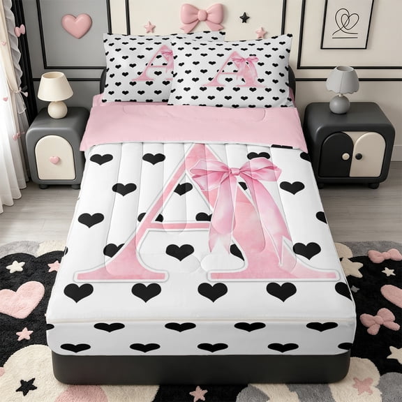 Manfei Pink ABC Print A Zipper Twin Comforter Sets with Fitted Sheet and 2 Pillowcases,Cute Coquette Bowknot Zipper Bedding Set,Pink Reversible,4pcs