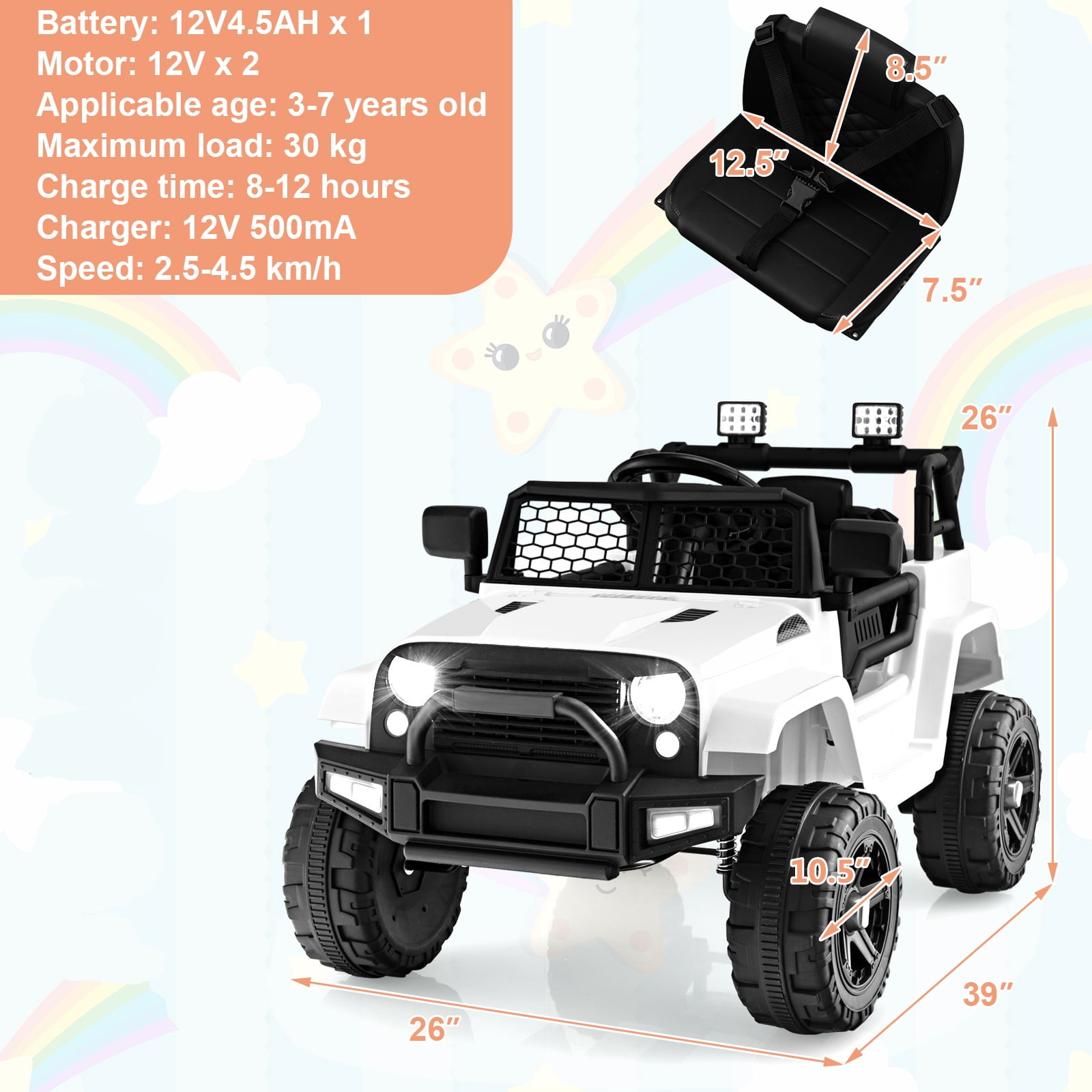 Topbuy 12V Kids Ride On Car Electric Vehicle Jeep with Parental Remote Music Horn Headlights Slow Start Function White