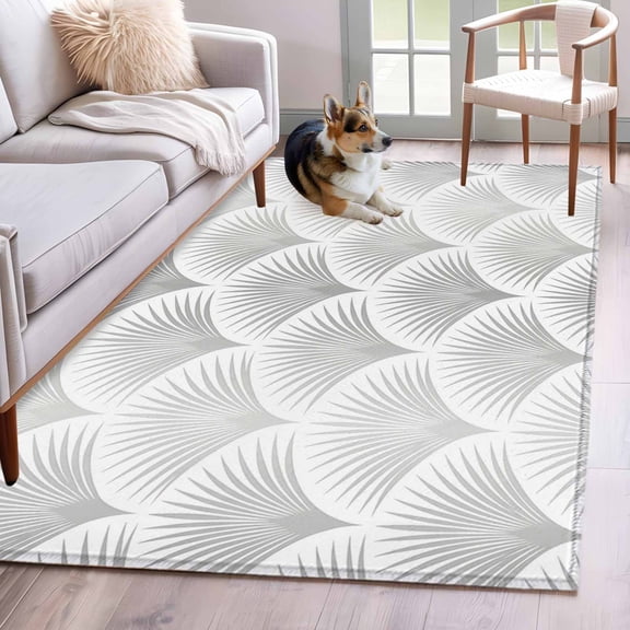Light Grey Fanshaped Washable Area Rug 2.7 x 5 ft Modern Minimalist Grey Scalloped Scales , Soft Non Slip Rugs Stain Repellent Indoor Felt Carpet for Living Dining Room Bedroom Home Office