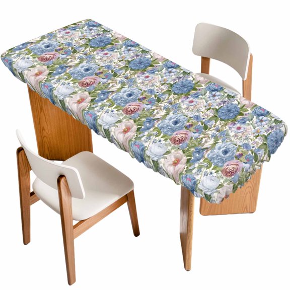 Blue Pink Spring Floral Table Cloths for 8 Foot Rectangle Tables, Vintage Summer Botanical Patio Waterproof Elastic Fitted Tablecloths, Washable Rectangular Table Cover for Camping