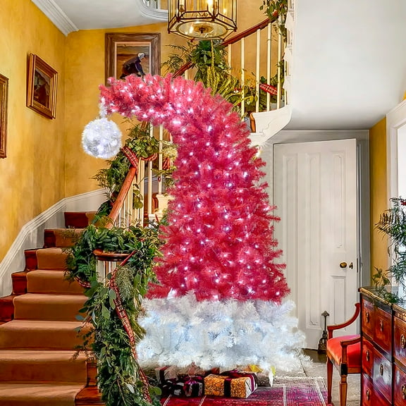 UHOMEPRO Indoors Red Prelit Christmas Tree with 300 LED Lights, Artificial Fir Bent Top X-mas Santa Hat Style Christmas Tree with 1250 Tips including Sturdy Metal legs 6'