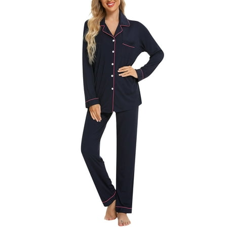 

Suits for Women! OTEMRCLOC Pajamas Women s Long Sleeve Sleepwear Soft Button Down Loungewear Pjs Set Nightwear XS-XXL Navy XXL