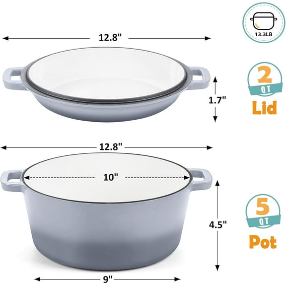 5 Quart Enameled Cast Iron Dutch Oven with Skillet Lid, Heavy-Duty Cookware for Baking, Stewing, Roasting, Nonstick & Oven Safe