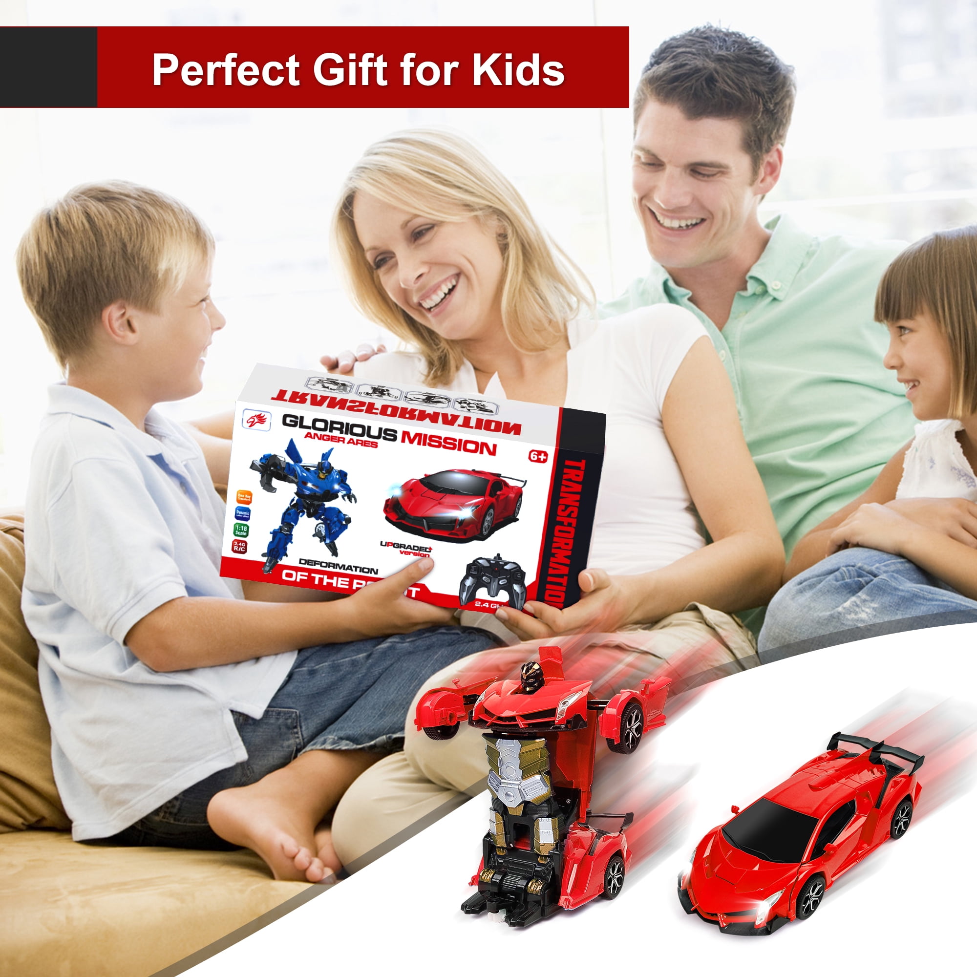 Carsky Remote Control Car,Transform Robot Toys 1:18 RC Cars for Kids,Red, 2.4Ghz 360°Rotating Stunt Race Car Toys for Kids Boys 5-8.