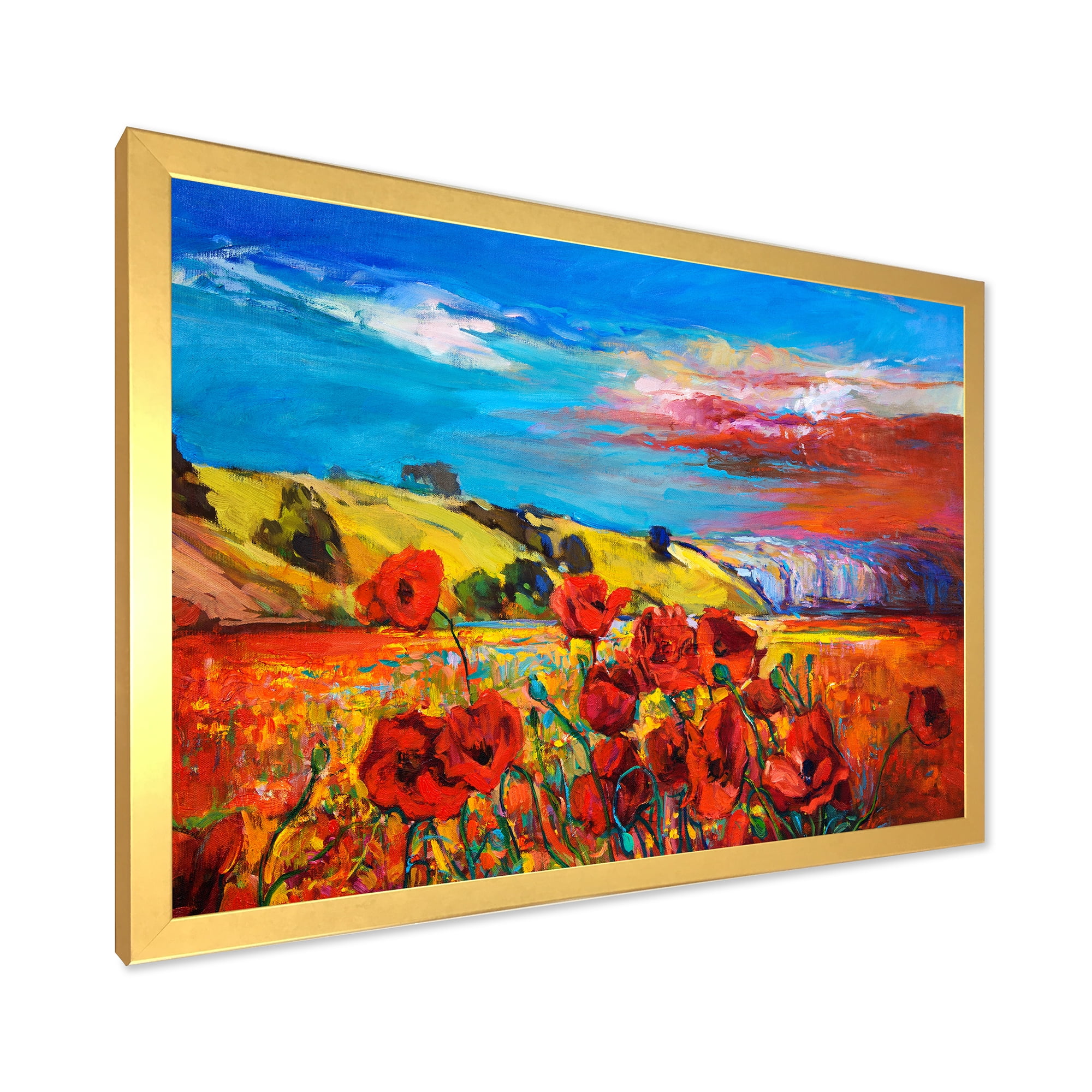 Designart 'Blossomg Red Poppies Under A Blue Sky' Traditional Framed Art Print