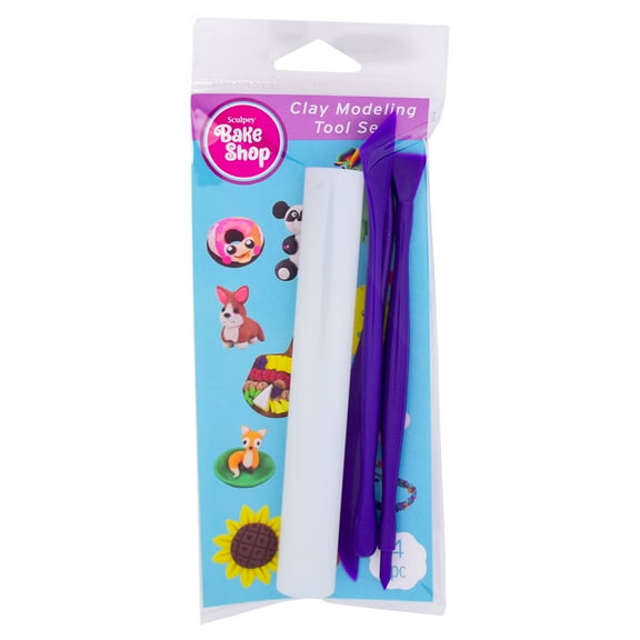 Sculpey Bake Shop Brand Plastic Modeling Tool Kit 4 Pc Set Model BA 4640W Purple and White