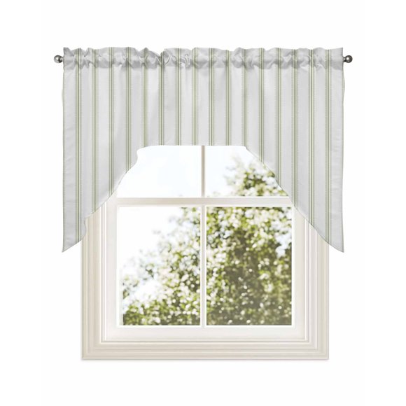 Sage Green Striped Kitchen Curtains Swag Valance for Windows/Bathroom/Cafe, Sage Green White Stripes Farmhouse Rod Pocket Drape Panel Swag Curtains Valance for Bedroom/Living Room 56"x36"