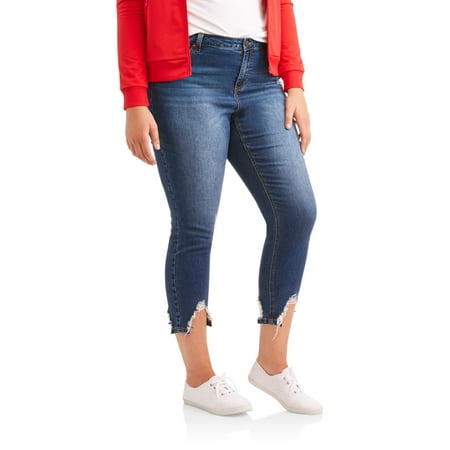 Juniors' Plus Dark Wash Sharkbite Ankle Destroyed Jeans