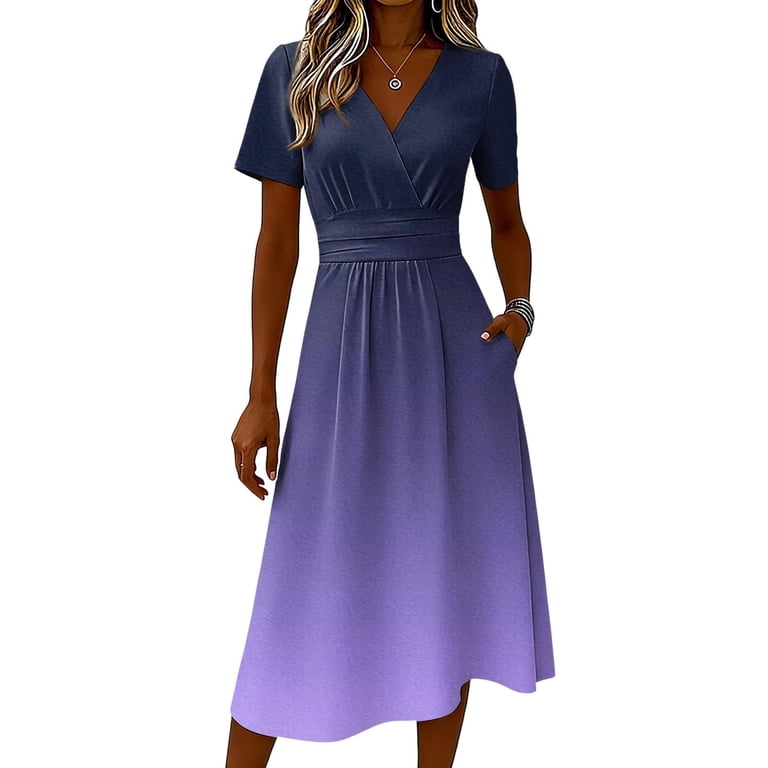 Sahpxhe Womens Summer Dresses Wrap V-Neck Short Sleeve High Waist Flare Midi Dress Trendy Flowy Date Night Business Dress Purple XL