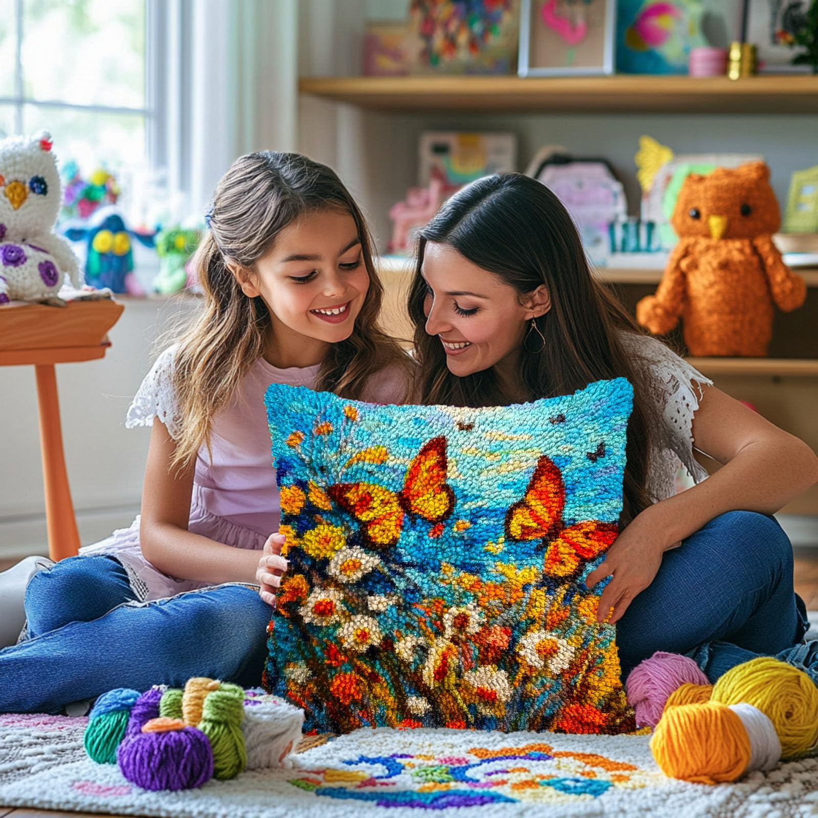 Butterflies and Wild Daisy DIY Latch Hook Pillow Kits for Adults Printed Pillowcase Crochet Yarns Hooking Handmade Pillow Cover Cushion for Home Sofa Decoration 17x17inch