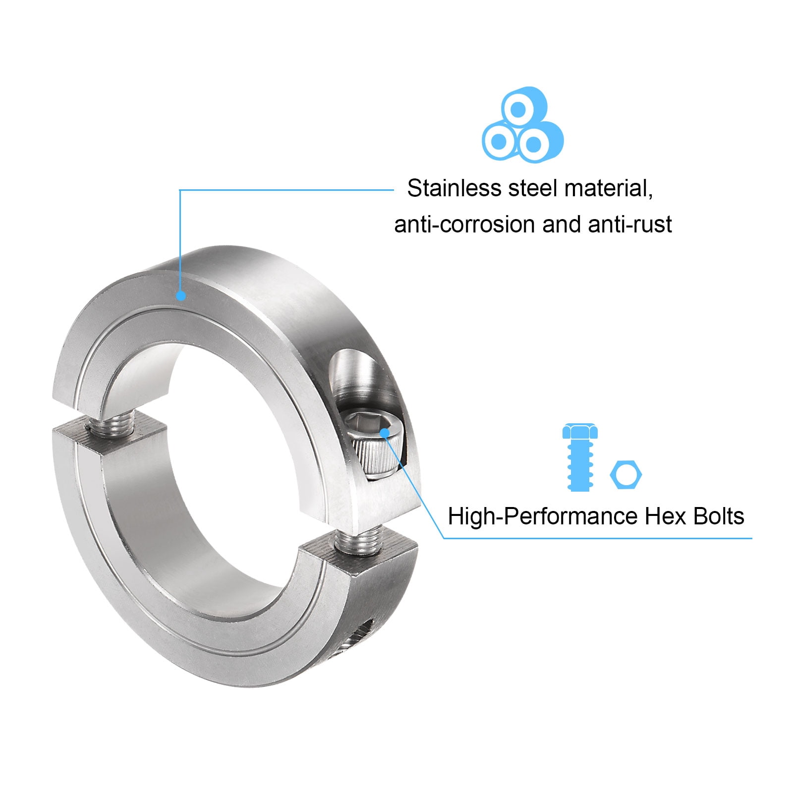 Uxcell Shaft Collar for 1-3/4" Rod 2-3/4" OD 11/16" Stainless Steel Double Split Clamp-On Collar with Set Screw