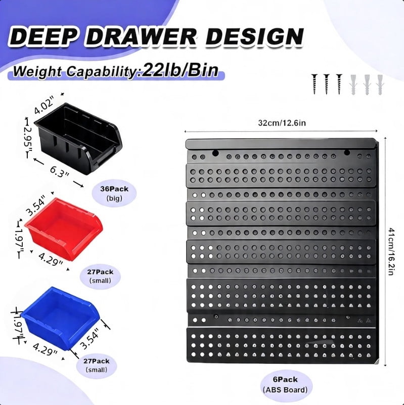 90 Pcs Wall Mounted Storage Bins, Plastic Adjustable Hardware Organizer for Garage, Workshop Wall Storage Rack